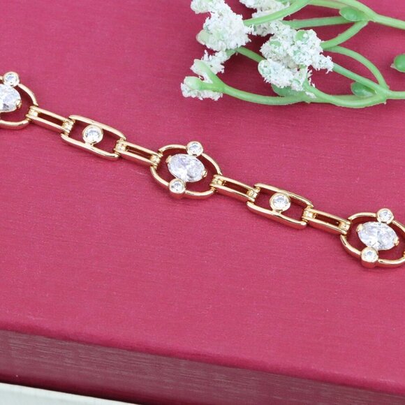 "Elegant Rose Gold Link Bracelet with Oval & Round Sparkling CZ, XPBL0926 - Picture 11 of 13